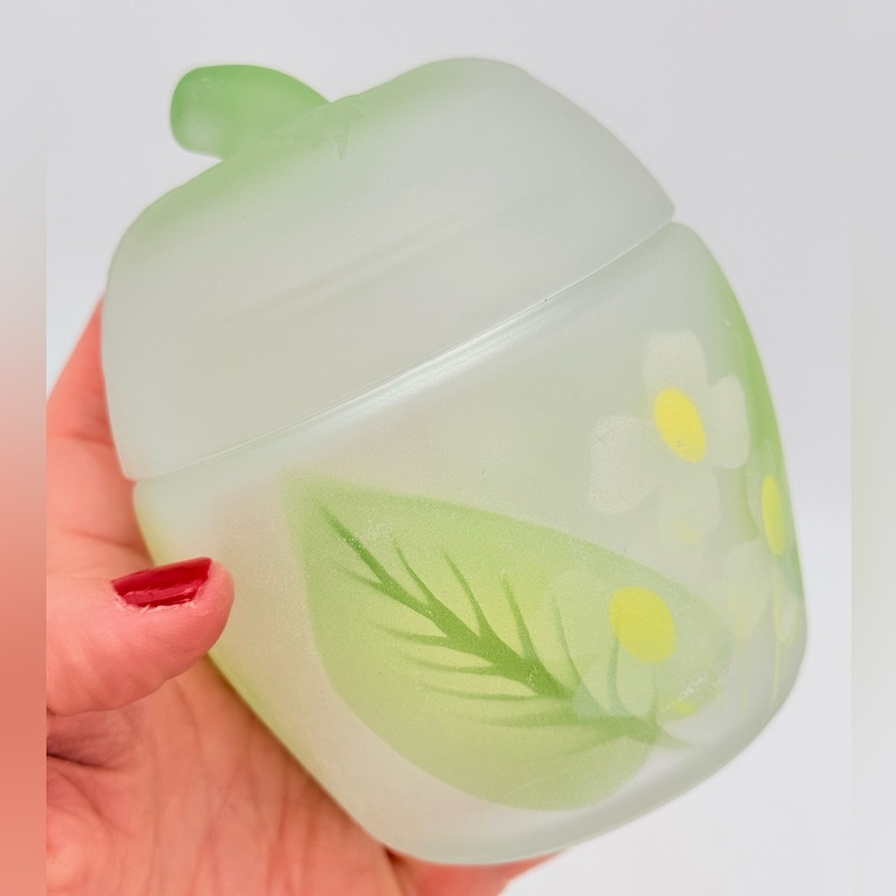 Vintage Frosted Glass Apple Jar | Floral Trinket Box Sugar Bowl
